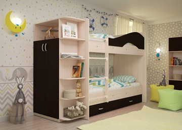 Детская двухэтажная кровать ТМК Мая на щитах со шкафом и ящиками, корпус Млечный дуб, фасад Венге в Курске