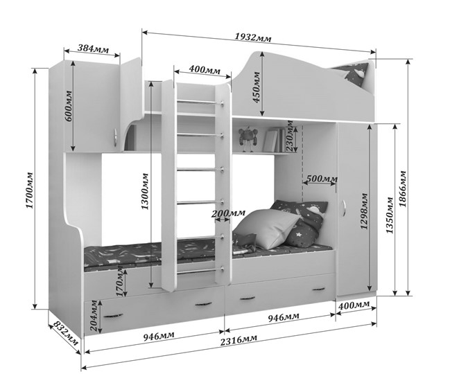 Двухэтажная детская кровать Юниор-2, каркас Белое дерево, фасад Розовый в Курске - изображение 1