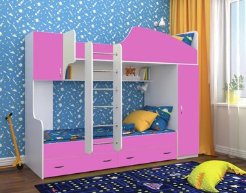 Двухэтажная детская кровать Юниор-2, каркас Белое дерево, фасад Розовый в Курске - предосмотр