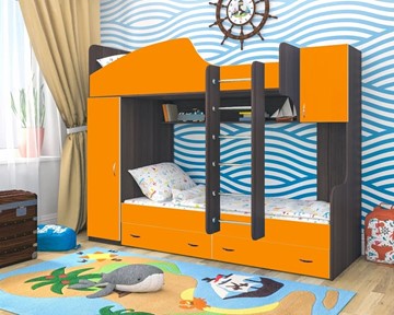 Двухэтажная детская кровать Юниор-2, каркас Ясень анкор темный, фасад Оранжевый в Курске