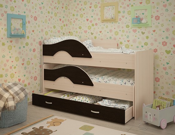 Двухъярусная детская кровать Радуга 1.6 с ящиком, корпус Млечный дуб, фасад Венге в Курске - изображение