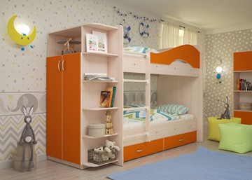 Двухъярусная кровать Мая на щитах со шкафом и ящиками, корпус Млечный дуб, фасад Оранжевый в Курске