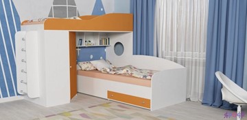 Детская кровать-шкаф Кадет-2 с металлической лестницей, корпус Белое дерево, фасад Оранжевый в Курске