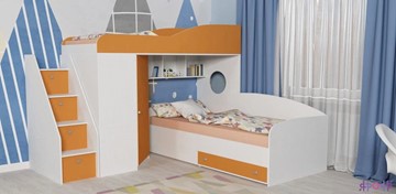 Детская кровать-шкаф Кадет-2 с универсальной лестницей, корпус Белое дерево, фасад Оранжевый в Курске