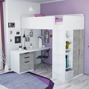 Детская кровать с письменным столом и шкафом POLINI Kids Simple Белый / Бетон в Курске - предосмотр 1