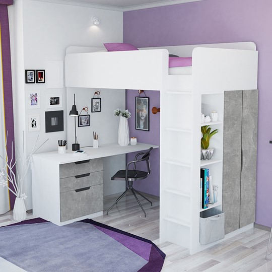 Детская кровать с письменным столом и шкафом POLINI Kids Simple Белый / Бетон в Курске - изображение 1