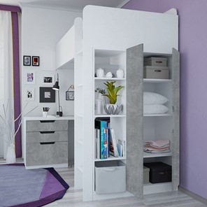 Детская кровать с письменным столом и шкафом POLINI Kids Simple Белый / Бетон в Курске - предосмотр 2