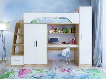 Детская кровать-чердак с шкафом Тея, каркас Ясень, фасад Белый в Курске