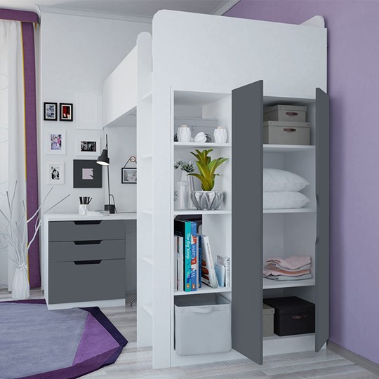 Кровать детская с письменным столом и шкафом POLINI Kids Simple Белый / Серый в Курске - изображение 1