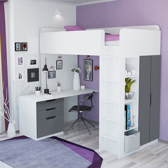 Кровать детская с письменным столом и шкафом POLINI Kids Simple Белый / Серый в Курске - изображение 3