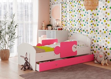 Детская кровать с ящиком и бортиками ТМК Мозайка, корпус Белый/фасад Розовый (щиты) в Курске