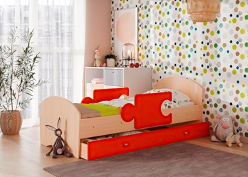 Детская кровать с ящиком и бортиками ТМК Мозайка, корпус Млечный дуб/фасад Оранжевый (ламели) в Курске