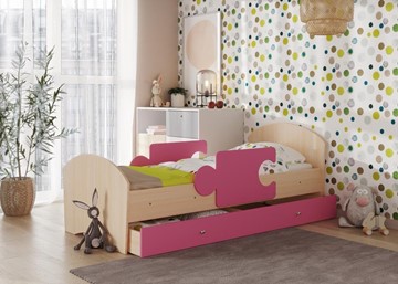 Детская кровать с ящиком и бортиками Мозайка, корпус Млечный дуб/фасад Розовый (ламели) в Курске