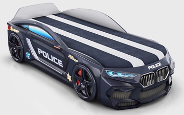 Кровать-машина в детскую Romeo-М Police + подсветка фар, ящик, матрас, Черный в Курске