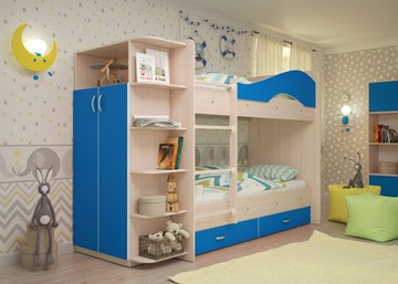 Детская 2-этажная кровать ТМК Мая на щитах со шкафом и ящиками, корпус Млечный дуб, фасад Синий в Курске