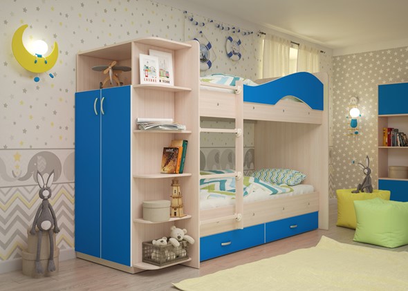 Детская 2-этажная кровать Мая на щитах со шкафом и ящиками, корпус Млечный дуб, фасад Синий в Курске - изображение