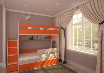 Детская 2-этажная кровать Юниор-1 с бортом, каркас Дуб, фасад Оранжевый в Курске