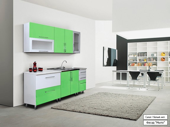Кухонный гарнитур Мыло 224 2000х718, цвет Салат/Белый металлик в Курске - изображение