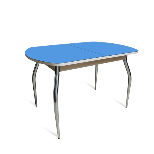 Кухонный стол раскладной ПГ-01 СТ2, дуб молочный/синие стекло/35 хром гнутые металл в Курске - изображение 1
