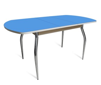 Кухонный раскладной стол ПГ-02 СТ2, дуб молочный/синие стекло/35 хром гнутые металл в Курске