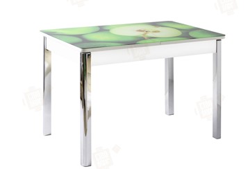 Кухонный раскладной стол Айсберг-01 СТФ, белый/фотопечать зеленые яблоки/ноги хром квадратные в Курске