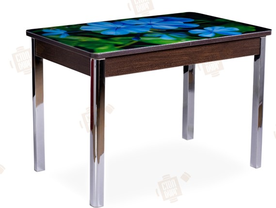 Кухонный раздвижной стол Айсберг-01 СТФ, венге/фотопечать фиалка/ноги хром квадратные в Курске - изображение