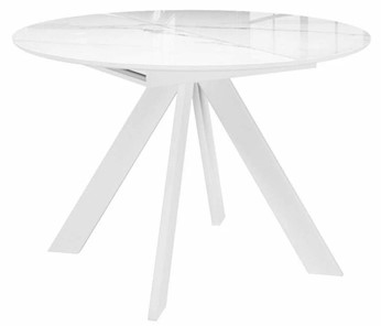 Стеклянный обеденный стол раздвижной DikLine SFC110 d1100 стекло Оптивайт Белый мрамор/подстолье белое/опоры белые в Курске